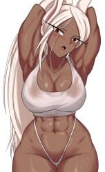 1girls abs animal_ears arms_up aroused athletic_female bangs blush breasts bunny_ears dark-skinned_female dark_skin female highleg highleg_panties hourglass_figure kemonomimi large_breasts long_hair looking_at_viewer mature_female miruko muscular muscular_female my_hero_academia navel panties parted_bangs red_eyes rumi_usagiyama shadertoons slim_waist solo sweat tail tank_top thick_thighs thong toned underwear very_long_hair white_hair wide_hips