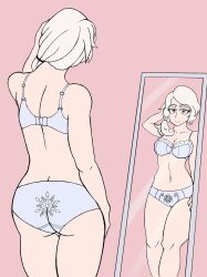 1girls ass big_ass big_breasts blue_bra blue_panties bra cameltoe cleavage clothing female hourglass_figure legs_together long_hair looking_in_mirror matching_underwear mature_female milf panties reflection rwby symbol_on_clothing underwear willow_schnee