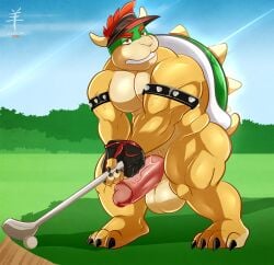 aaron_(artist) anthro balls bara big_penis bowser clothing fingerless_gloves genitals gloves golf golf_ball golf_club handwear headgear headwear hi_res humanoid_genitalia humanoid_penis koopa male male_only mario_(series) mario_golf mostly_nude nintendo outside penis scalie solo video_games