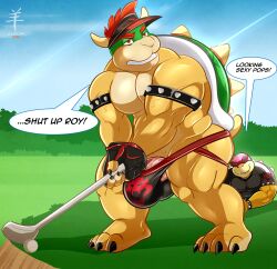 aaron_(artist) anthro bara bowser bulge clothed clothing father gay genitals golf golf_ball golf_club headgear headwear hi_res jockstrap koopa koopaling male male_only mario_(series) mario_golf nintendo outside parent penis roy_koopa scalie son topless underwear video_games