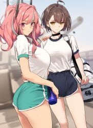 2girls absurdres alternate_costume ass azur_lane baltimore_(azur_lane) bangs big_ass big_breasts blue_shorts blush breasts bremerton_(azur_lane) brown_hair dolphin_shorts highres large_breasts long_hair looking_at_viewer multiple_girls pink_eyes pink_hair shirt short_hair shorts smile sportswear t-shirt thighs twintails white_shirt yang-do yd_(orange_maru) yellow_eyes