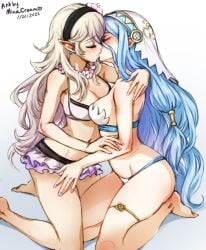 2girls alternate_costume alternate_version_available azura_(fire_emblem) back bare_back bare_legs bare_thighs barefoot bikini bikini_skirt blue_hair blue_nails breasts closed_eyes corrin_(fire_emblem) corrin_(fire_emblem)_(female) corrin_(summer)_(fire_emblem)_(female) cousins female female_only fire_emblem fire_emblem_fates fire_emblem_heroes flower flower_necklace grey_hair hair_between_eyes hair_flower hairband hug incest kissing kneeling light_blue_hair minacream multiple_girls nail_polish nintendo official_alternate_costume pointy_ears small_breasts swimsuit thighs very_long_hair white_bikini white_hair white_swimsuit yuri