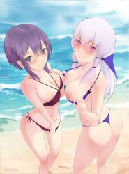 2girls alternate_costume bare_legs beach bernadetta_von_varley bikini breasts breasts_out cleavage female female_only fire_emblem fire_emblem:_three_houses flashing grey_eyes long_hair looking_at_viewer lysithea_von_ordelia medium_breasts multiple_girls nintendo ocean pink_eyes post-timeskip purple_bikini purple_hair purple_swimsuit pussy red_bikini red_swimsuit ryumi-gin short_hair smile swimsuit white_hair yuri