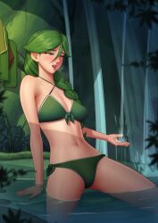 1girls bangs bikini blush braided_hair braided_ponytail breasts cheryl_(pokemon) cleavage clothed deilan12 female female_focus female_only forest green_eyes green_hair hair_between_eyes leaning leaning_on_hand long_hair nintendo outdoor outdoors parted_bangs pokemon pokemon_bdsp pokemon_dppt pond ponytail solo solo_female solo_focus sweat sweatdrop swimsuit water waterfall wet