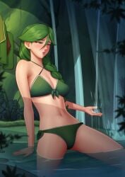 1girls bangs bikini blush braided_hair braided_ponytail breasts cheryl_(pokemon) cleavage clothed deilan12 female female_focus female_only forest green_eyes green_hair hair_between_eyes leaning leaning_on_hand long_hair nintendo outdoor outdoors parted_bangs pokemon pokemon_bdsp pokemon_dppt pond ponytail solo solo_female solo_focus sweat sweatdrop swimsuit water waterfall wet