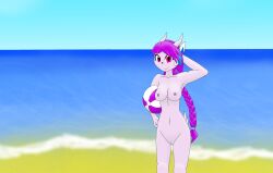 2019 anthro aquatic_dragon beach braided_hair braided_ponytail breasts dragon exhibitionism feathered_tail feathers female freedom_planet freedom_planet_2 genitals ghostth39 hair hand_behind_head hi_res horn hybrid looking_at_viewer marine medium_breasts navel nipples pink_body purple_hair pussy red_eyes sash_lilac seashore seaside simple_background solo sport video_games volleyball