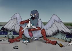 aircraft airplane airport anthro avian bird columbid destruction dragonfelixx feathers genitals hi_res improvised_sex_toy kwit macro male masturbation object_penetration penis pigeon signature solo talons tapering_penis vehicle wings