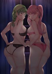 2girls almost_naked ass ass_cleavage back back_view background bandana bare_back black_panties bra braid braided_hair breasts butt_crack clothed color colored crotchless crotchless_panties duo female female_only fire_emblem fire_emblem:_the_blazing_blade green_eyes green_hair holding_hands indoors looking_at_viewer looking_back looking_over_shoulder multiple_girls nabunabu nintendo open_mouth panties pigtails pink_eyes pink_hair pink_panties rebecca_(fire_emblem) serra_(fire_emblem) smile thighs twin_braids twintails underwear