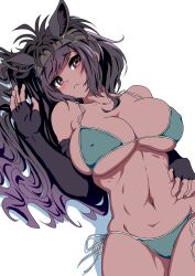 alternate_color animal_ears arm_rest bangs bikini black_gloves black_hair black_thoroughbred_(kemono_friends) blush breasts brown_eyes brown_hair cleavage closed_mouth collarbone covered_erect_nipples cowboy_shot dark-skinned_female dark_skin elbow_gloves eyebrows_visible_through_hair female fingerless_gloves furrowed_brow gloves green_bikini green_swimsuit groin halterneck hand_rest hand_up highres horizontal_pupils horse_ears huge_breasts kemono_friends long_hair looking_at_viewer lying mamiyama multicolored_hair navel on_back parted_bangs side-tie_bikini side-tie_bottom skindentation solo stomach straddling strap_gap swimsuit toned twisted_torso two-tone_hair underboob very_long_hair