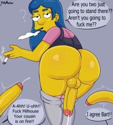 1futa 2022 2boys 2d alternative_version_available annika_van_houten ass bart_simpson blue_hair cigar dickgirl foreskin futa_on_male futanari glans large_penis long_hair milhouse_van_houten multiple_penises pants_down partially_retracted_foreskin piercings pink_glans precum precum_drip retracted_foreskin showing_ass size_difference smoke teenager testicles text text_focus the_simpsons uncut unseen_male_face yellow_skin younger_female yutomaster