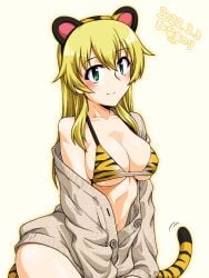 2022 animal_ears animal_print bikini blonde_hair blush breasts carpaccio_(girls_und_panzer) chinese_zodiac cleavage closed_mouth covered_erect_nipples dated eyebrows_visible_through_hair fake_animal_ears female female girls_und_panzer green_eyes grey_sweater large_breasts long_hair looking_at_viewer oosaka_kanagawa shiny shiny_skin smile solo sweater swimsuit tail tiger_ears tiger_print tiger_tail year_of_the_tiger