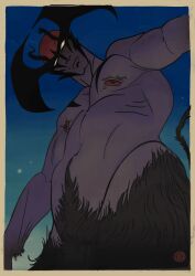 abs akira_fudou armpits bara belly black_fur breasts chichett color demon devil fangs gay hairy japanese looking_at_viewer looking_down male male_nipples male_only man muscles muscular muscular_male night nipples nude obliques pubic_hair tail