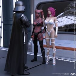 1boy 2girls 3d alien alien_girl angelblade69 athletic_female bikini collar darth_talon darth_vader elf elf_ears elf_female female human loincloth magenta_hair original_character pointy_ears red_skin sith star_wars tattoo twi'lek