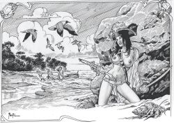 beach bird birds black_and_white boat breasts breasts_out covered_pussy exposed exposed_breasts female girl gun hat joe_pimentel kneeling naked naked_female nipples nude nude_female nudity pin_up pinup pirate pirate_hat rock sword