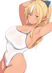 1girls 2022 alternate_version_available areola armpits bangs blonde_hair breasts competition_school_swimsuit covered_nipples cowboy_shot dark-skinned_female dark_skin elf eyebrows_visible_through_hair female female_focus female_only gin_mitsu hair_ribbon high_ponytail highleg highleg_swimsuit highres hololive hololive_fantasy hololive_japan large_breasts long_hair looking_at_viewer multicolored_hair pointy_ears presenting_armpit puffy_nipples red_eyes ribbon school_swimsuit shiranui_flare simple_background solo solo_female streaked_hair swimsuit virtual_youtuber white_background white_hair white_swimsuit