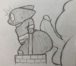 anthro ass badger badgerclops balls belly big_belly big_butt big_penis bodily_fluids brick cartoon_network chubby clothed clothing domestic_cat duo erection fat felid feline felis genitals gloves handwear hi_res imminent_sex knee_pads male male/male mammal mao_mao:_heroes_of_pure_heart mustelid musteline partially_clothed penis sheriff_mao_mao_mao stuck sweat thick_thighs traditional_media_(artwork) well zlut385