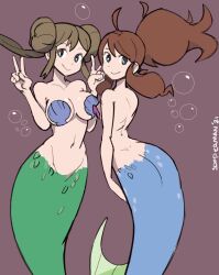 2021 2girls artist_name ass bad_censor bangs blue_eyes bra breast_size_difference breasts brown_hair clam_shell cleavage covering dated double_bun doughnut_hair_bun female female_focus female_only game_freak hair hair_bun hair_buns hairbun happy hilda_(pokemon) large_breasts looking_at_viewer looking_back medium_breasts mermaid mermaid_tail multiple_girls nintendo pinup pokemon pokemon_bw pokemon_bw2 ponytail rosa_(pokemon) seashell_bra seashell_pasties shell_bikini sideboob simple_background smiling smiling_at_viewer sooperman swimming tied_hair underwater water