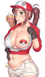 1girls alternate_breast_size baseball_cap belly_grab belt black_gloves breasts brown_hair closed_mouth collarbone cowboy_shot crop_top female female_focus female_protagonist_(pokemon_go) gloves green_eyes hair_between_eyes hand_on_hip hand_up hat highres large_breasts long_hair looking_at_viewer looking_to_the_side muffin_top navel nipple_pasties on_shoulder one_breast_out orizen pasties poke_ball_pasties poke_ball_symbol pokemon pokemon_(game) pokemon_(species) pokemon_go ponytail short_shorts short_sleeves shorts sidelocks simple_background standing sweatdrop unbuttoned weedle white_background white_shorts