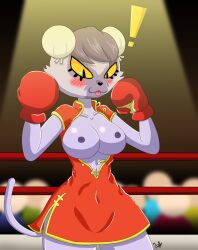 ! 1girls animal_boxing anthro anthro_only asian_clothing blush boxing boxing_gloves boxing_ring breasts breasts_out breasts_out_of_clothes chinese_clothing chinese_dress chun_(animal_boxing) clothing domestic_cat dress east_asian_clothing felid feline felis female female_only fighting_ring gloves hair_buns handwear hi_res looking_down mammal marce-mustaine medium_breasts red_boxing_gloves red_gloves solo sport tail thick thick_hips thick_thighs topless wide_hips