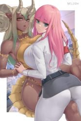 2022 2girls abigail_(metal_slug) alien alien_girl alternate_breast_size aqua_eyes ass_focus big_ass big_breasts black_skirt blonde_hair breasts_to_breasts dark-skinned_female drache_goldenes_(metal_slug) female_focus gold_jewelry golden_bikini hands_grab hi_res horns huge_breasts human light-skinned_female long_hair looking_at_viewer looking_back melowh metal_slug metal_slug_attack military military_uniform monster monster_girl open_mouth pink_hair pussy_visible_through_clothes seductive short_skirt skirt snk white_thighhighs yellow_eyes