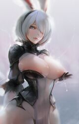 1girls areolae big_breasts breasts clothing female female_only gray_bear hairband lactation light-skinned_female light_skin nier nier:_automata painting_(artwork) solo solo_female white_hair yorha_2b