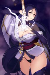 1girls 2022 artist_signature breasts cleavage cosplay crossover fate/grand_order fate_(series) female female_only genshin_impact hi_res hioyami hips holding_object huge_breasts long_hair mature_female milf minamoto_no_raikou_(fate/grand_order) outfit_swap purple_eyes purple_hair pussy raiden_shogun_(cosplay) slim_waist sword thick_thighs thighs wide_hips