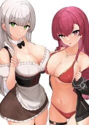 2girls apron asymmetrical_docking bikini black_bow black_bowtie black_jacket bow bowtie breast_press breasts cleavage corset cowboy_shot detached_collar detached_sleeves dress duo duo_focus frilled_dress frills gold_necklace green_eyes grey_hair hair_down hand_up heart heart_necklace heterochromia highres hololive hololive_fantasy hololive_japan houshou_marine jacket large_breasts long_hair looking_at_viewer maid maid_apron multiple_girls navel off-shoulder_shirt off_shoulder official_alternate_costume oritonagi plaid red_bikini red_eye red_hair shirogane_noel shirt short_dress single_bare_shoulder stomach swimsuit thigh_gap thigh_strap tonagi v virtual_youtuber white_shirt yellow_eye