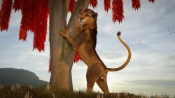 16:9 3d_(artwork) animal_genitalia balls bigcat digital_media_(artwork) felid feline feral fur genitals hair hi_res lion male mammal pantherine realistic ruark solo widescreen