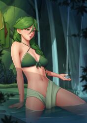 1girls bangs bikini blush braided_hair braided_ponytail breasts cheryl_(pokemon) cleavage clothed deilan12 female female_focus female_only forest green_eyes green_hair hair_between_eyes leaning leaning_on_hand long_hair nintendo outdoor outdoors parted_bangs pokemon pokemon_bdsp pokemon_dppt pond ponytail solo solo_female solo_focus sweat sweatdrop swimsuit water waterfall wet