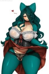 absurd_res anthro big_breasts breasts clothed clothing clothing_lift female genitals hair hair_over_eye hi_res lefantis mature_female nintendo one_eye_obstructed panties pokémon_(species) pokemon pussy simple_background snorlax underwear video_games white_background