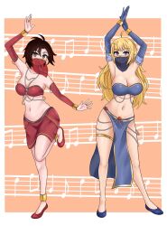 2girls belly_dancer belly_dancer_outfit blonde_hair breasts cleavage commission dancer dancer_outfit detached_sleeves female female_only harem harem_girl harem_outfit huge_breasts hypnosis large_breasts loincloth long_gloves long_hair mind_control multiple_girls ruby_rose rwby short_hair sisters skirt slippers spiral_eyes standing_on_one_leg the_only_shoe voluptuous yang_xiao_long