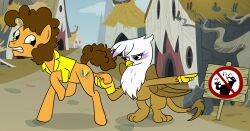 avian ball_grab ballbusting balls beak brown_body brown_feathers buttsaucer cheese_sandwich_(mlp) chest_tuft cock_and_ball_torture duo equid equine eyelashes feathers female feral friendship_is_magic genital_torture genitals gesture gilda_(mlp) green_eyes gryphon hasbro hi_res male mammal my_little_pony mythological_avian mythology nuttyhoof orange_body pointing sign threatening tuft wings yellow_eyes