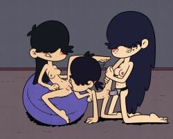 3girls background_character background_characters black_hair blush cunnilingus female female/female/female female_only freckles hair_covering_eyes legs_up licking_pussy long_hair medium_breasts multiple_girls navel nickelodeon nipples nude nude_female paramount_pictures pussy sex sex_toy sex_toy_penetration smiling spread_legs spreading strap-on strapon takeshi1000 the_loud_house threesome yuri