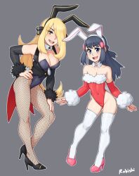 2girls age_difference artist_name blonde_hair blue_eyes blue_hair breast_size_difference bunny_ears bunny_girl bunnysuit cleavage cute cynthia_(pokemon) dawn_(pokemon) detached_collar detached_sleeves fake_animal_ears fishnet_pantyhose fishnets front_view game_freak grey_background height_difference high_heels nintendo plain_background pokemon posing rob_ishi strapless_leotard thighhighs