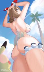 1girls 2022 ass back back_view big_ass bikini breasts brown_hair bubble_butt butt_crack female hi_res honeym huge_breasts large_ass long_hair may_(pokemon) may_(pokemon_oras) nintendo outdoors pikachu pokémon_(species) pokeball pokemon pokemon_oras ribbon ribbon_in_hair swimsuit thick_thighs thigh_strap thighs thong thong_bikini very_high_resolution white_bikini