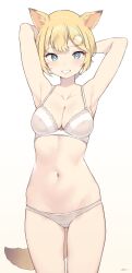 1girls absurdres animal_ears armpits arms_up ass_visible_through_thighs bangs bare_arms bare_shoulders belly_button blonde_hair blue_eyes blush bra breasts cleavage cloba collarbone commentary dog_ears dog_girl dog_tail eyebrows_visible_through_hair female female_only grin groin hair_ornament highres hololive hololive_english hololive_myth kemonomimi_mode lace-trimmed_bra lace_trim large_breasts light-skinned light-skinned_female light_skin looking_at_viewer monocle_hair_ornament navel only_female panties short_hair simple_background skindentation smile smiling solid_color_background solo solo_female solo_focus standing stomach symbol-only_commentary tail thigh_gap underwear underwear_only virtual_youtuber watson_amelia white_background white_bra white_panties