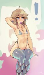 <3_eyes 1boy bikini blonde_hair blue_clothing blue_eyes blue_legwear blue_thigh_highs blush clothed clothing condom condom_wrapper ear_piercing ear_ring exclamation_point footwear girly gynomorph hair heart heart-shaped_pupils hi_res humanoid humanoid_pointy_ears hylian intersex jewelry latex legwear light-skinned_male light_body light_skin link male male_only mostly_nude navel necklace nintendo not_furry piercing puk sexual_barrier_device sitting socks solo swimwear the_legend_of_zelda thick_thighs thigh_highs thighhighs tongue_out topwear triforce video_games white_body wide_hips