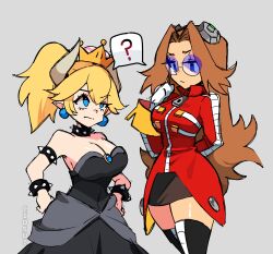 2girls big_breasts blue-tinted_eyewear blue_eyes bowsette bracelets brown_hair ciosuii cleavage confused dr._eggma’am dr_robotnik dress earring female female_only fully_clothed glasses gloves goggles_on_head long_hair mario_(series) milf miniskirt monster_girl navel new_super_mario_bros._u_deluxe nintendo pointy_ears ponytail question_mark rule_63 sega size_difference sonic_(series) sonic_the_hedgehog_(series) spikes sunglasses super_crown tagme thick_thighs tight_clothing tinted_eyewear watermark wide_hips yellow_hair