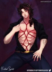 bondage bulge bulge_through_clothing kindredspirit kindredspiritva long_hair male manly neptuniosolar_(artist) red_rope rope rope_between_breasts rope_bondage tattoo tattooed_arm teasing teasing_viewer