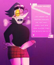 big_penis black_hair black_shirt blush boxers color deltarune deltarune_chapter_2 english_text fangs horny humanoid humanoid_genitalia humanoid_penis humanoid_robot long_nose long_sleeve_shirt long_sleeves looking_at_viewer male_only multicolored_eyes penis plaid_bottomwear precum robot solo spamton_g_spamton sweat sweatdrop sweating teeth_showing text thighs