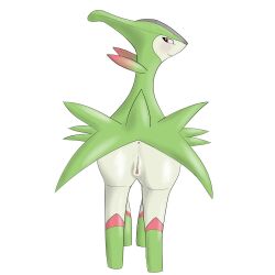 ass blush dewith female genitals green_body hi_res legendary_pokemon nintendo pokémon_(species) pokemon pokemon_(species) pussy rear_view red_eyes solo transparent_background video_games virizion