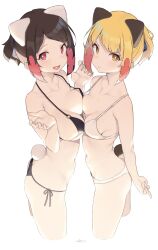 2girls absurdres alternate_version_available animal_ears ass ass_cleavage asymmetrical_docking bangs bare_arms bare_shoulders bikini black_bikini black_hair blonde_girl_(cloba) blonde_hair blush breast_press breasts butt_crack cleavage cloba collarbone colored commentary_request cropped_legs duo duo_focus extra_ears eyebrows_visible_through_hair female female_only halter_top halterneck hands_up heart heart_in_mouth highres light-skinned light-skinned_female light_skin looking_at_viewer medium_breasts middle_finger multiple_girls navel o-ring o-ring_bikini o-ring_top only_female open_mouth original pink_eyes player_2_(cloba) ponytail pout rabbit_tail red_eyes short_hair side-tie_bikini sideways_glance signature smile string_bikini swept_bangs swimsuit swimwear tail tongue tongue_out white_background white_bikini yellow_eyes