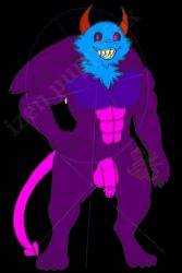 alternate_form anthro arthropod_abdomen blue_body blue_cheek_fluff blue_fur blue_neck_fluff daimon_(izen_puppyfox) dark_eyes dark_purple_fur dark_purple_skin demon floppy_ears fur genitals hi_res horn humanoid_hands imp izen_denfox izen_puppyfox male paws penis pink_abdomen pink_cock pink_eyes pink_tail primal_lust_demon_lord_daimon purple_body purple_ears purple_skin red_horn small_penis solo spade_tail unknown_artist yellow_teeth