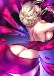 akeyama_kitsune arched_back artoria_pendragon_(fate) artoria_pendragon_(lancer_alter) artoria_pendragon_(lancer_alter)_(fate) ass back blonde_hair braid breasts fate/grand_order fate_(series) female french_braid hair_between_eyes large_breasts long_hair looking_at_viewer mouth_hold nude red_ribbon ribbon sidelocks yellow_eyes