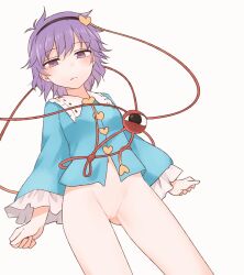 ass_visible_through_thighs bangs black_hairband blue_shirt bottomless censored commentary eyebrows_visible_through_hair female frilled_shirt_collar frilled_sleeves frills frown hairband heart highres long_sleeves looking_at_viewer miyo_(ranthath) mosaic_censoring navel purple_eyes purple_hair pussy satori_komeiji shirt short_hair simple_background solo third_eye touhou white_background wide_sleeves