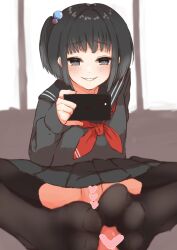 amemori_sayo black_eyes black_hair black_legwear black_skirt bow bowtie cellphone censored female footjob footjob_over_clothes hairband heart heart_censor highres koutate nijisanji no_panties no_shoes phone ponytail pov red_bow red_bowtie school_uniform serafuku short_hair skirt smartphone smirk upskirt virtual_youtuber