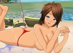 1girls beach bikini_bottom blue_eyes blush booty breasts brown_hair fortnite freckles looking_at_viewer no_bra red_bikini_bottom short_hair tntina tntinaxxx topless