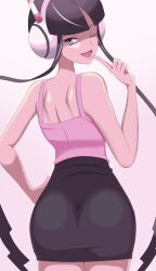 1girls ass black_hair black_skirt blue_eyes clothing elesa_(pokemon) elesa_(pokemon_bw2) female female_only from_behind headphones long_hair looking_at_viewer looking_back open_mouth pokemon shirt skirt smile solo teasing tight_skirt vivivoovoo wide_hips