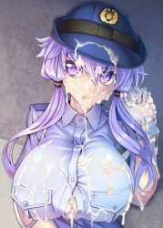 :o after_paizuri alternate_breast_size bangs blue_headwear blue_shirt blush breast_pocket breasts bukkake button_gap buttons casual_bukkake colored_eyelashes cum cum_on_body cum_on_breasts cum_on_clothes cum_on_hair emblem facial female gloves hair_between_eyes hand_up hat huge_breasts long_hair looking_at_viewer low_twintails ninopal open_mouth pocket police police_uniform policewoman purple_eyes purple_hair shiny shiny_hair shirt short_sleeves solo twintails uniform upper_body vocaloid voiceroid white_gloves wing_collar yuzuki_yukari