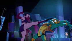 bra cassandra_jones embarrassed fighting high_kick kunoichi male michelangelo_(tmnt) panties pulled_down ripped_clothing rise_of_the_teenage_mutant_ninja_turtles scobionicle99 screenshot_edit shocked_expression third-party_edit